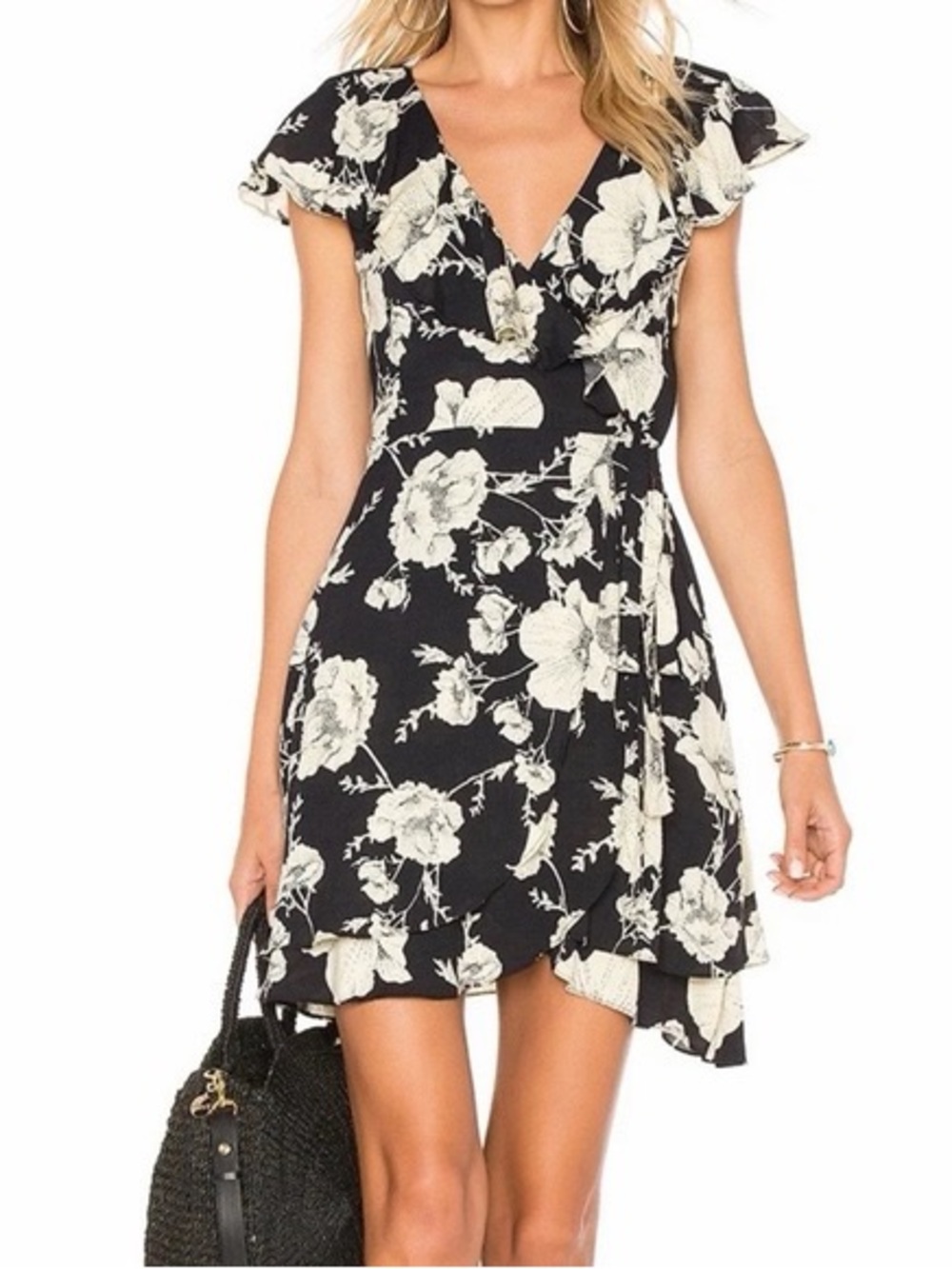 Free People Black and Cream Floral Wrap Mini Dress